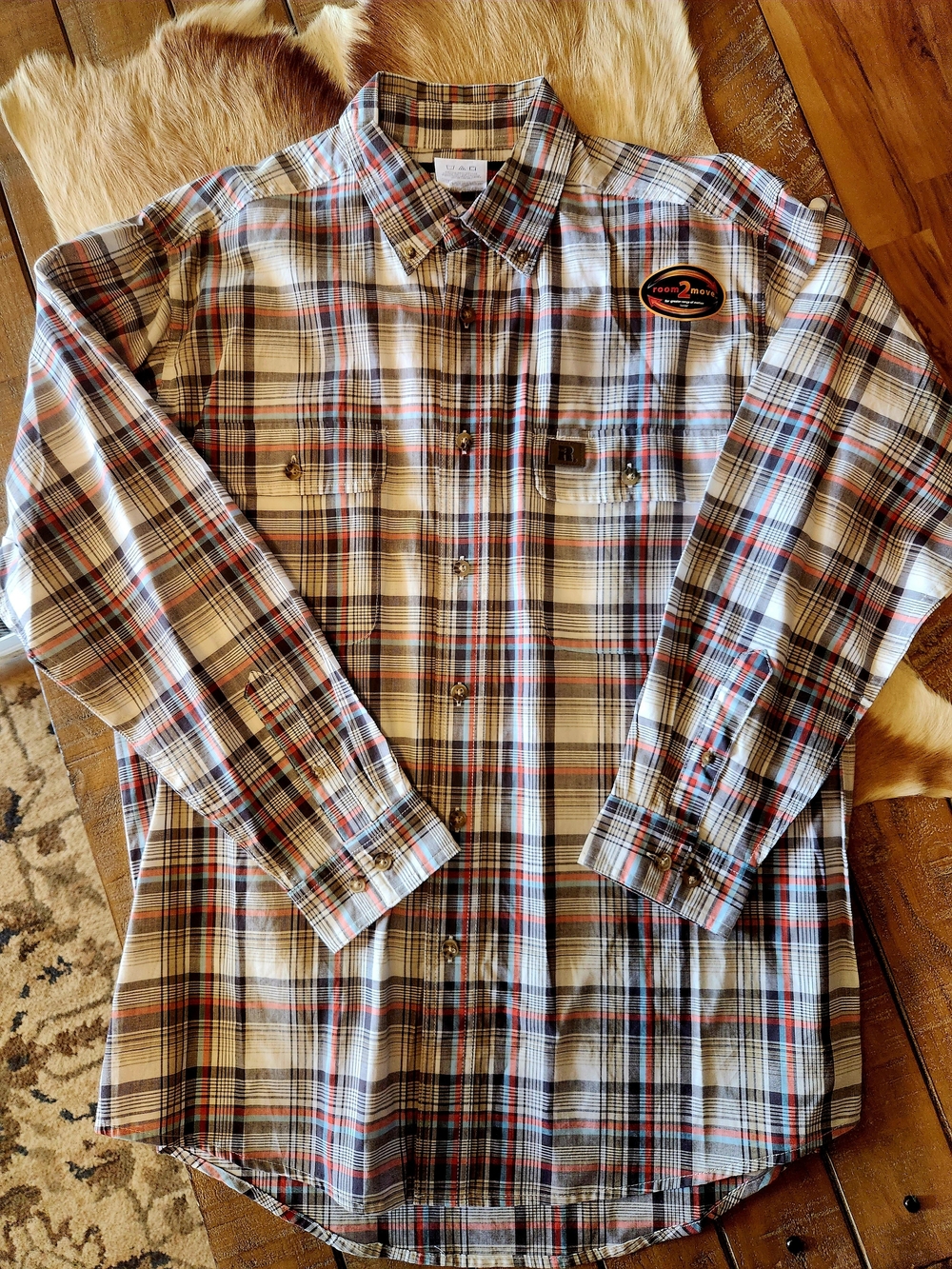 Wrangler Womens Plaid Button-Down Shirt in Cream, Orange & Light Blue